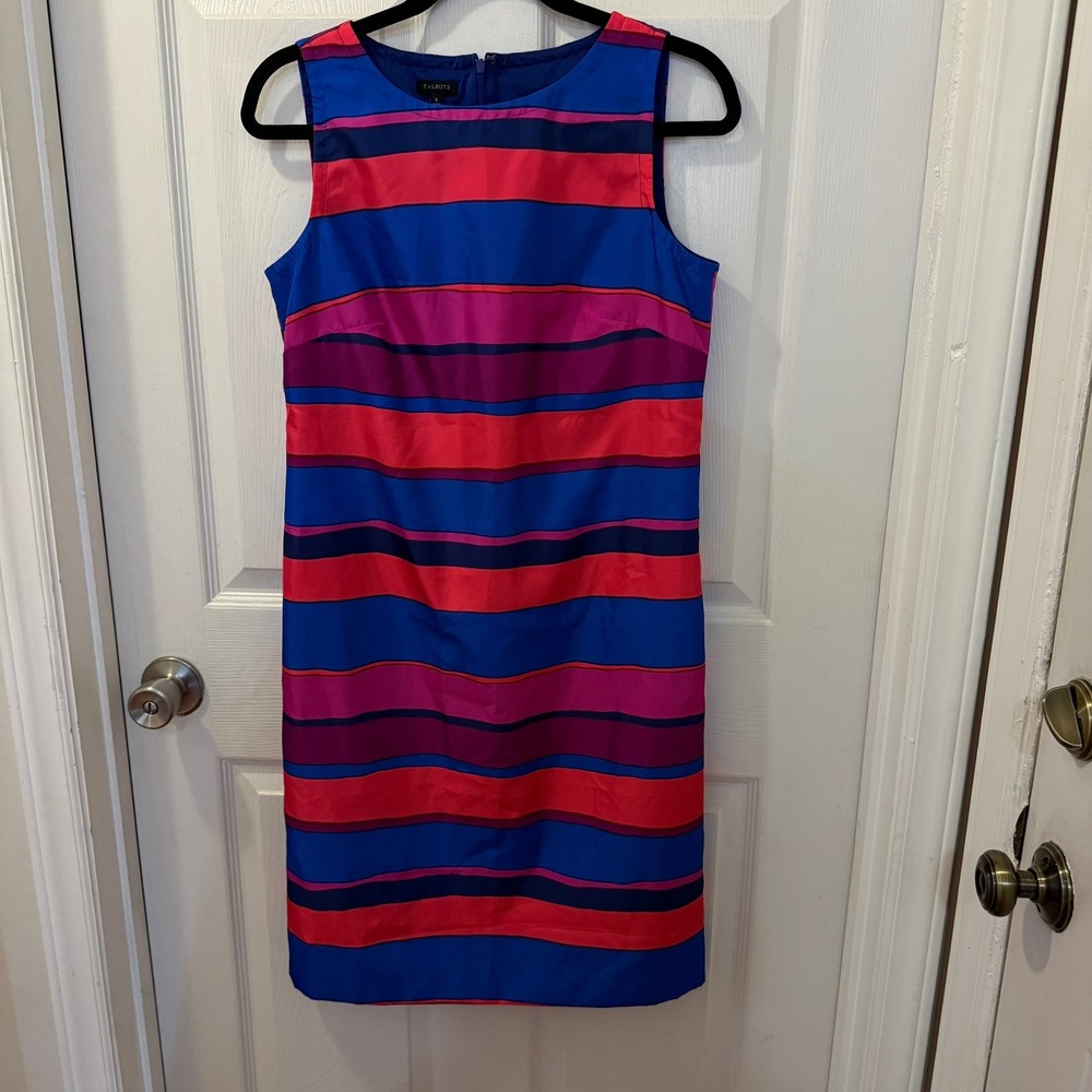 Talbots Women Size 8 Striped Sleeveless Sheath Dress Blue Pink Coral Classy Bold